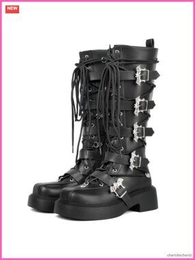 Womens Goth Platform Combat Boots Mid Calf Punk Shoes Lace up Chunky Heel